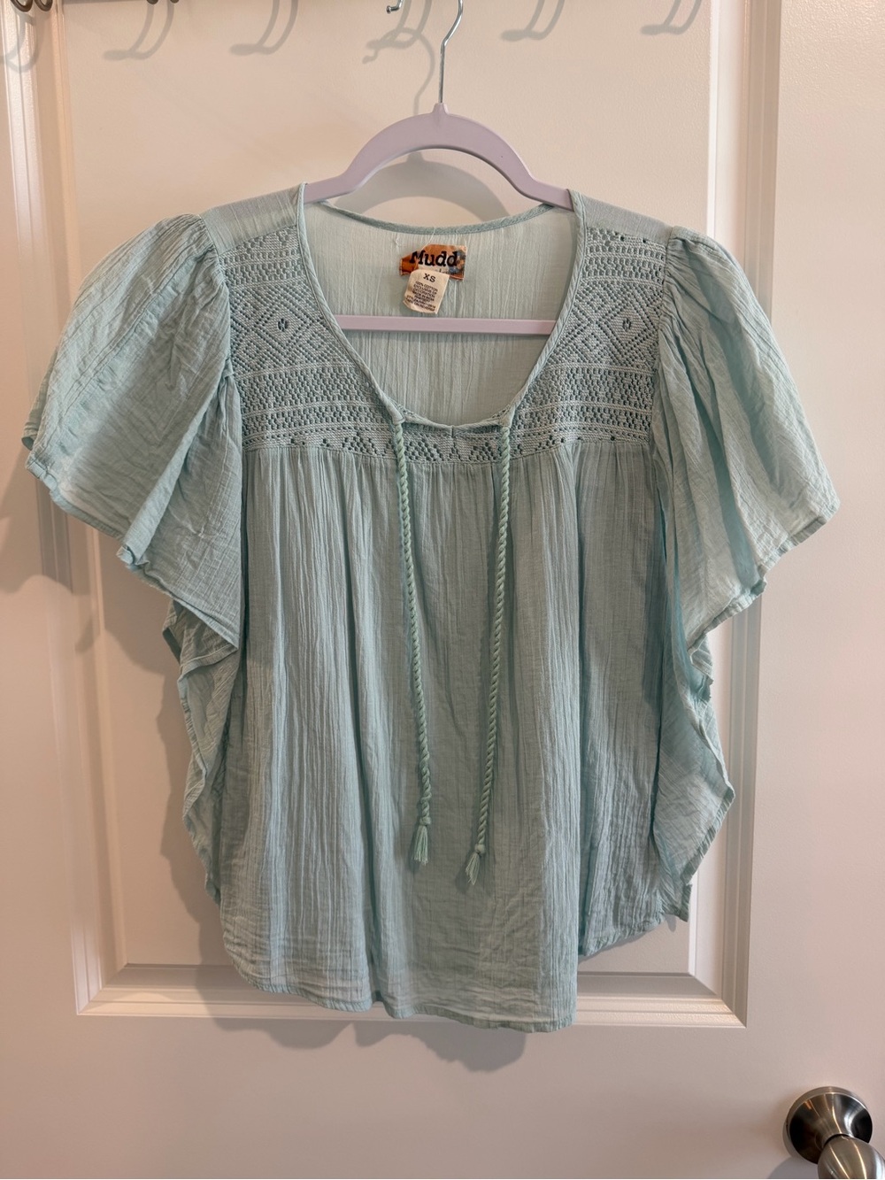 Mudd Light Mint Crochet-Yoke Flutter Blouse